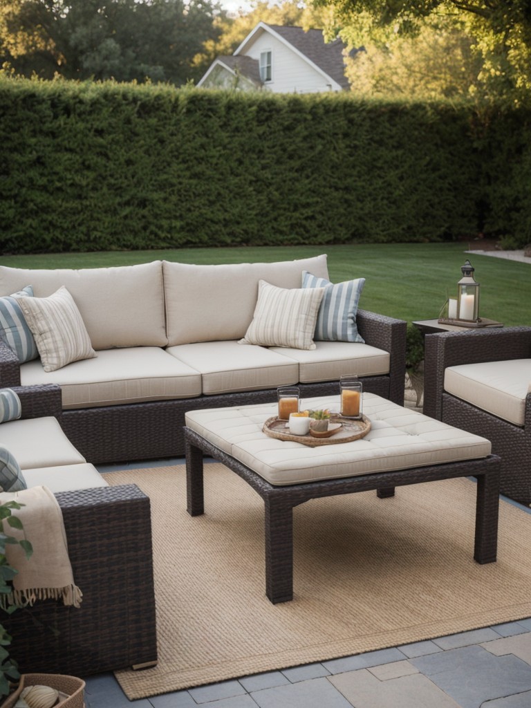 Cozy outdoor rug and cushions to create a comfortable seating area.