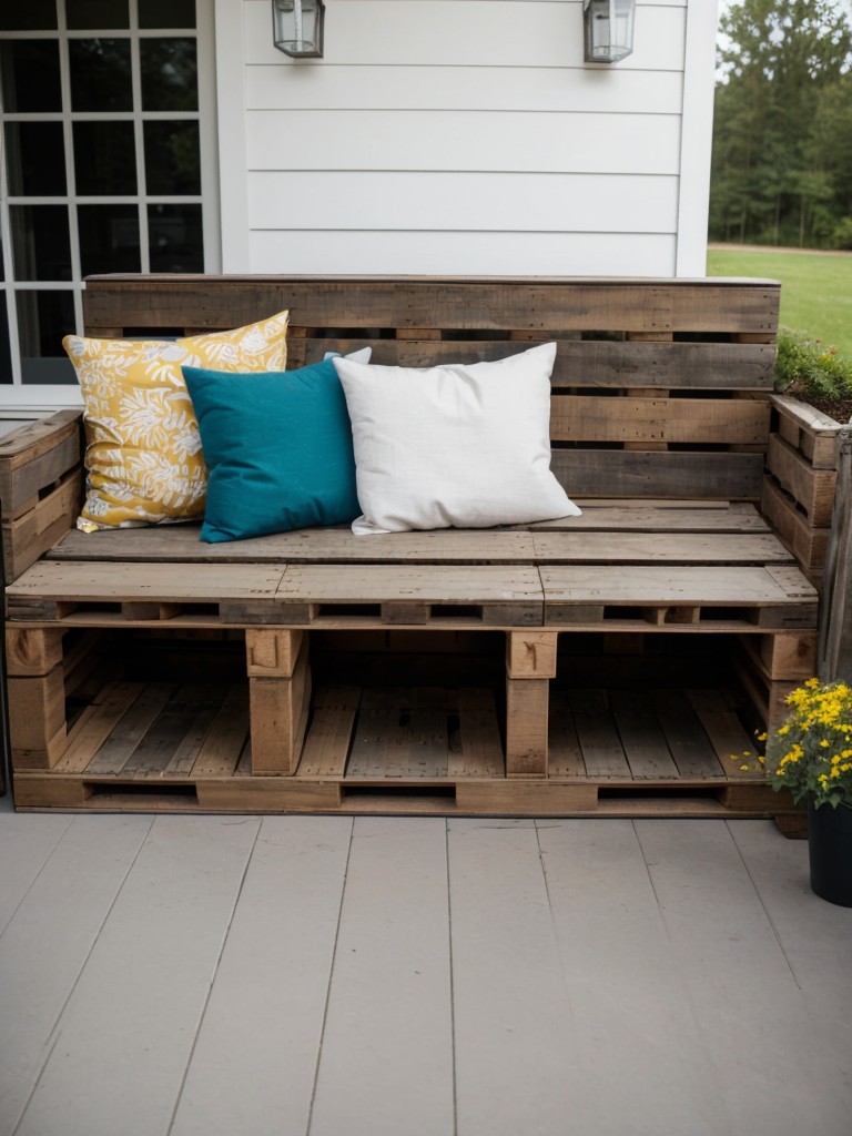 DIY outdoor seating with repurposed materials like pallets or crates.