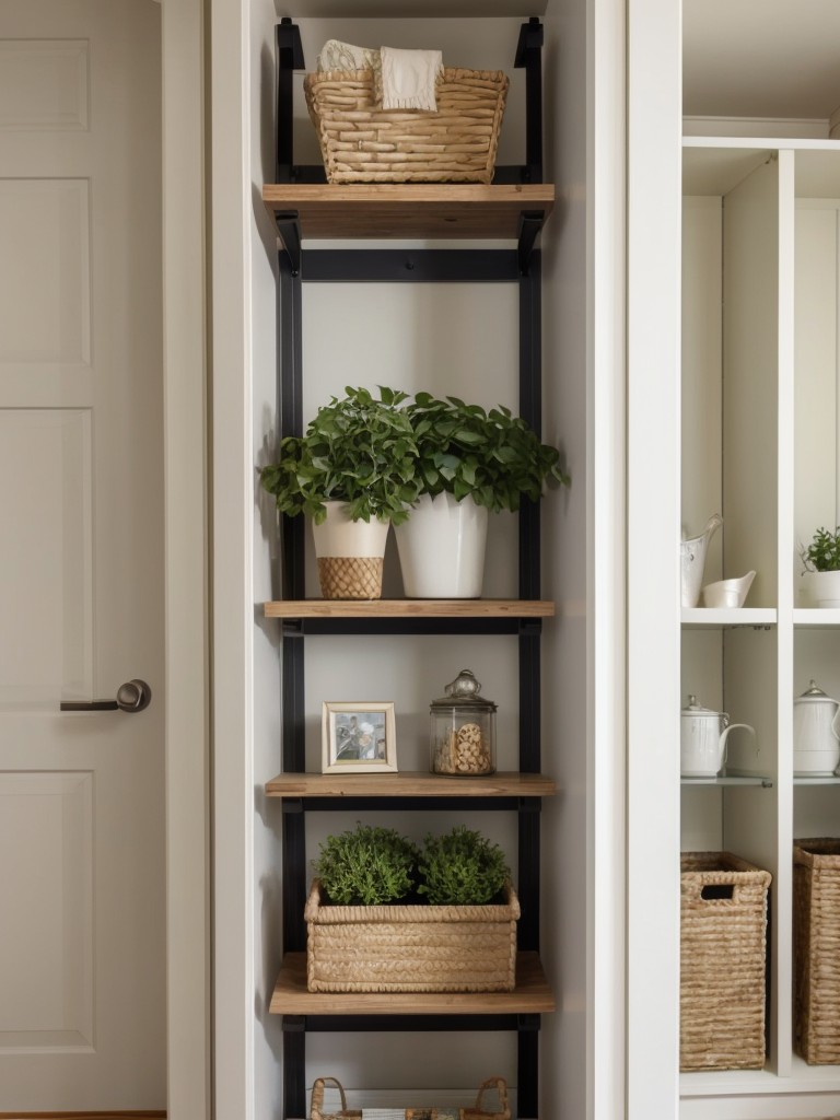 Space-saving storage solutions like wall-mounted shelves or hanging baskets.