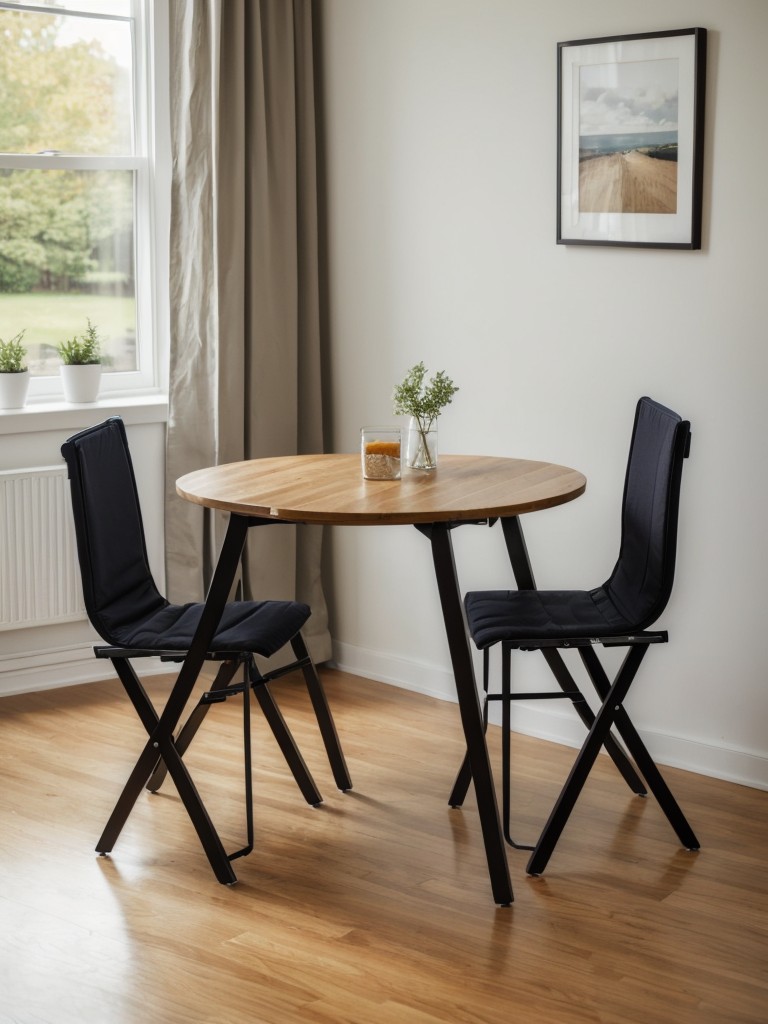 Use of a folding bistro table and chairs for easy storage.