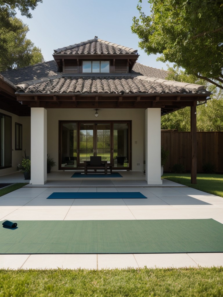 Use of an outdoor rug as a yoga or exercise space.