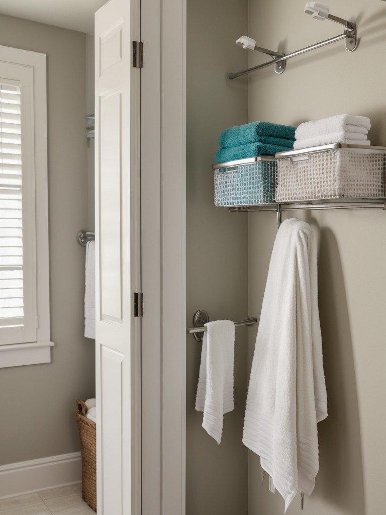Install a towel rack or hooks to keep towels organized and off the floor.