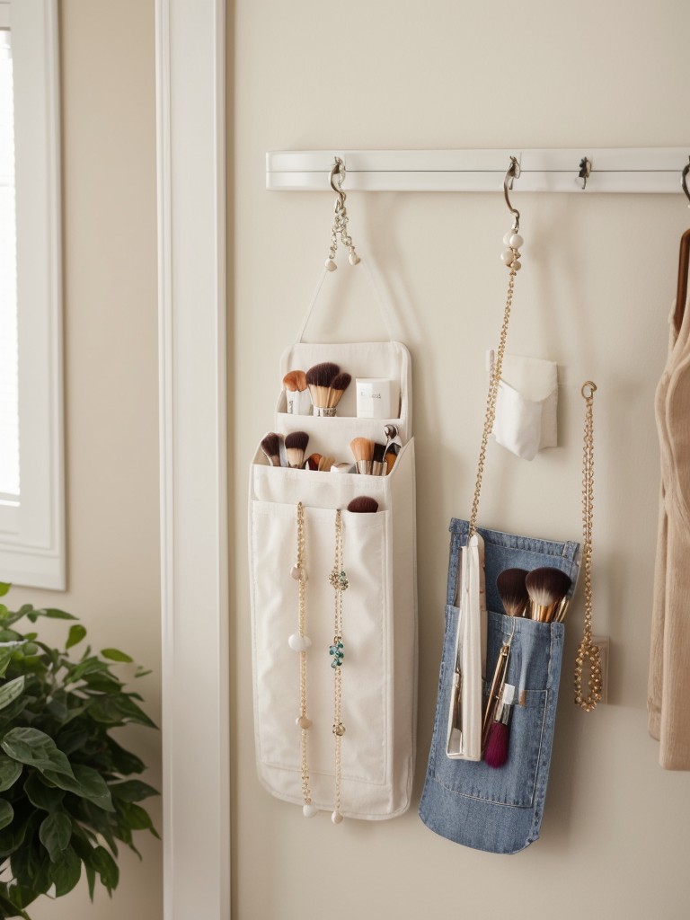 Consider using a hanging jewelry organizer with clear pockets to store small items like makeup brushes or cotton balls.