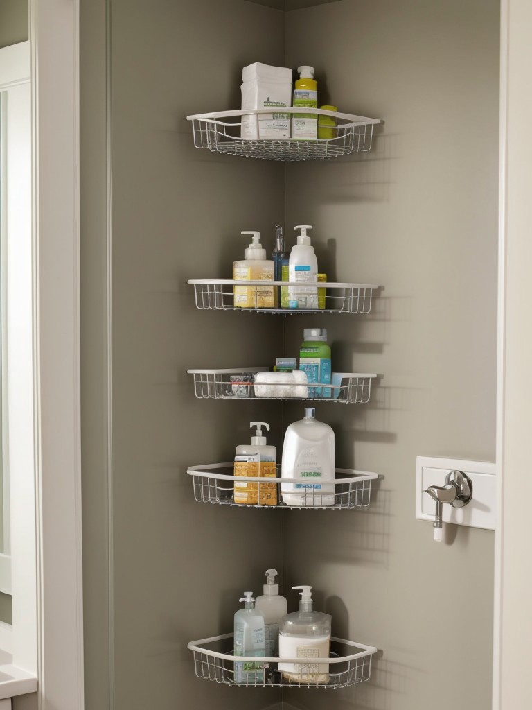 Hang a multi-tiered shower caddy or install corner shelves in the shower to keep toiletries organized.
