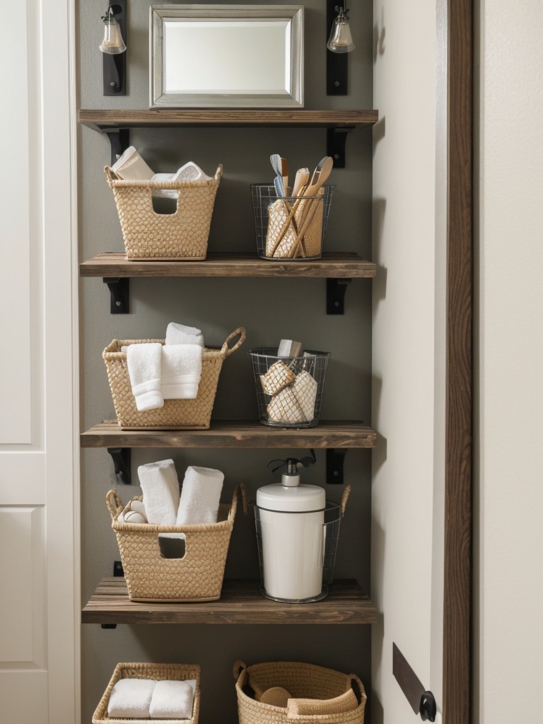 Install a pegboard on the bathroom wall for hanging storage baskets, mirrors, or shelves.