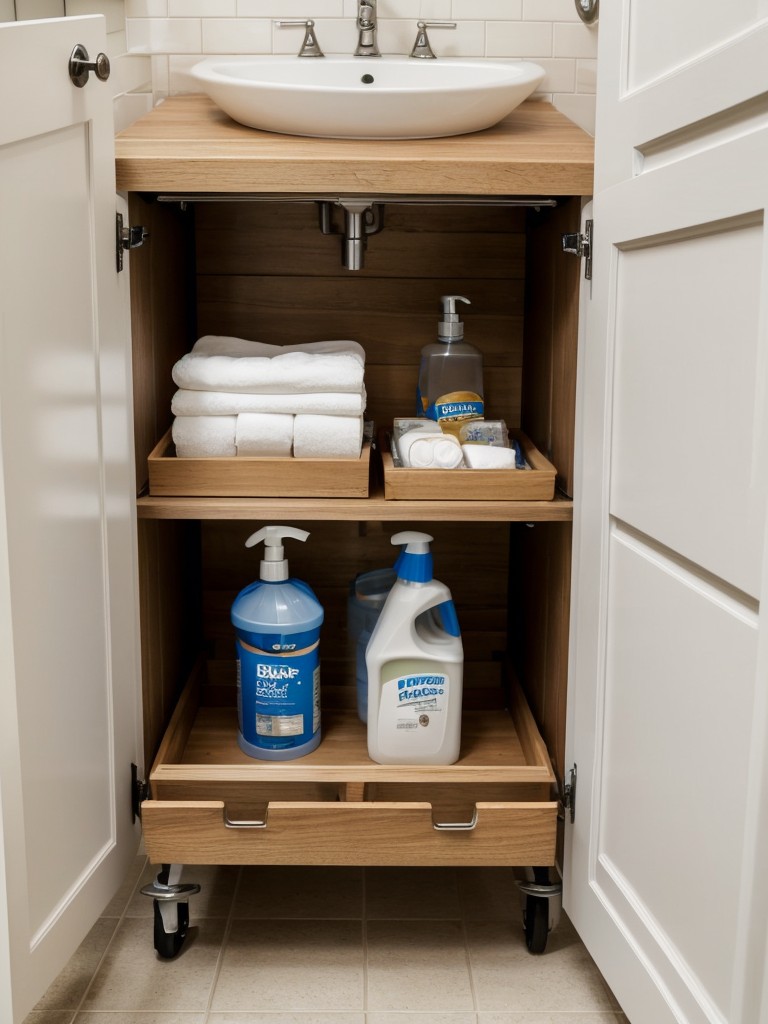 Use a small cart or rolling storage unit with drawers to store frequently used bathroom items and cleaning supplies.