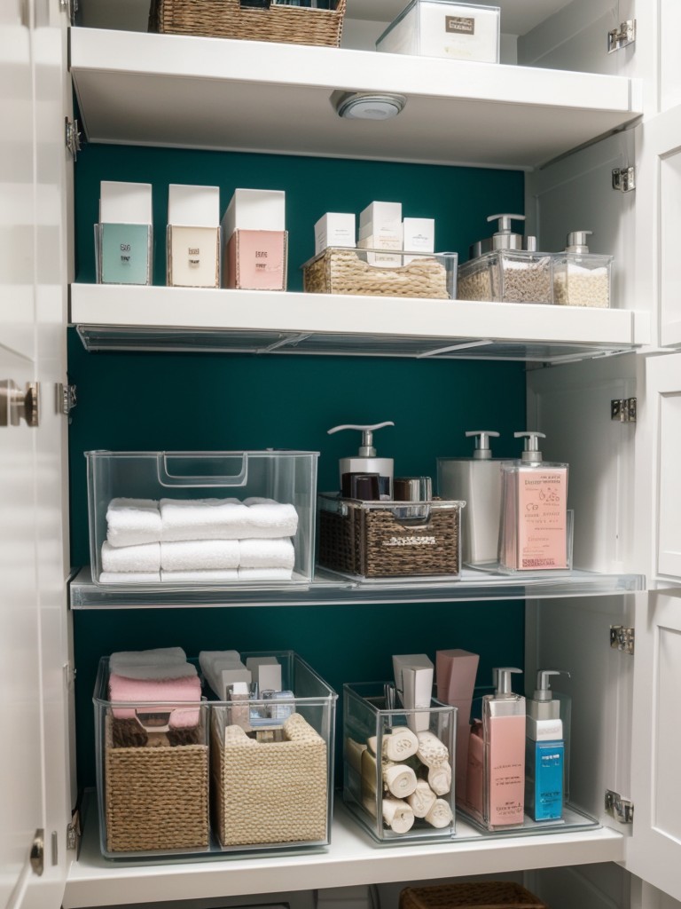 Use stackable organizers or clear plastic bins to sort and store smaller bathroom items like cosmetics or hair accessories.