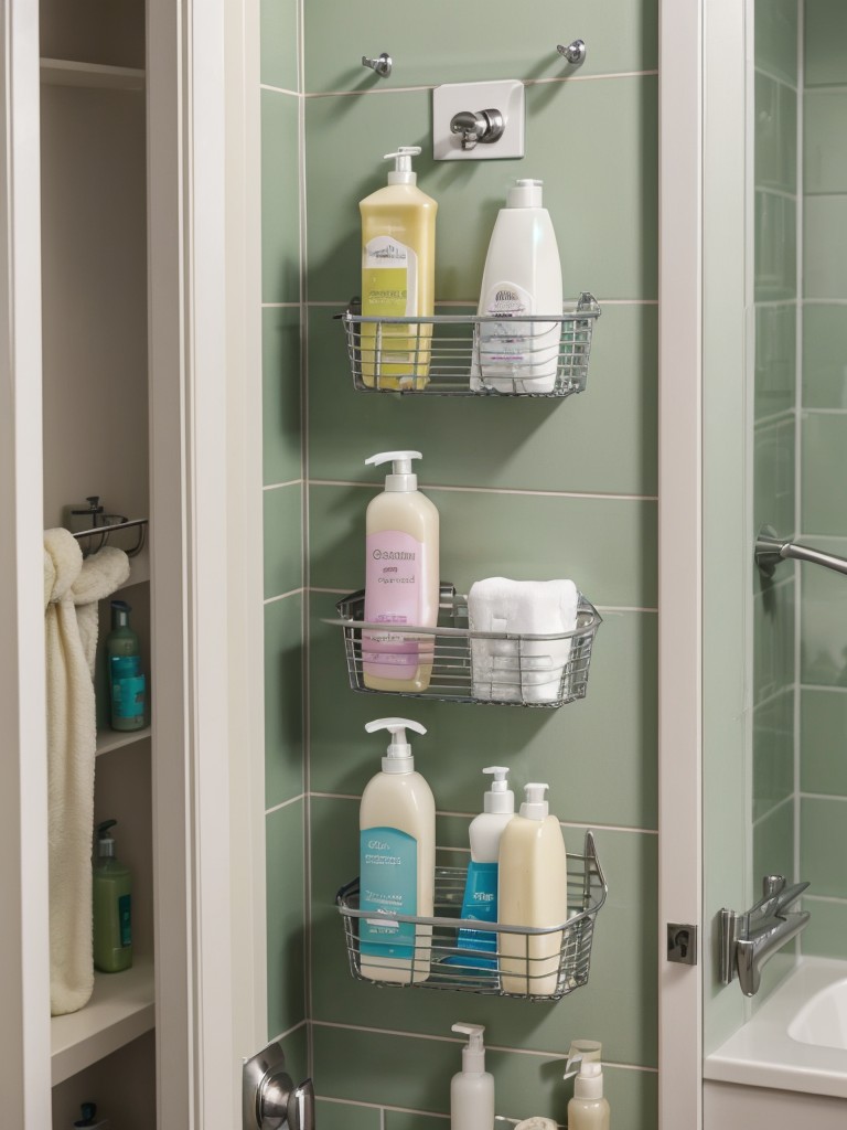 Utilize a shower tension rod with hanging baskets to store shampoo, conditioner, and shower gel bottles.
