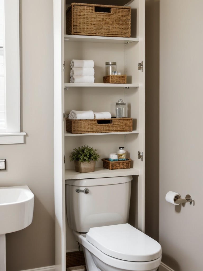 Utilize the space above the toilet by installing floating shelves or a wall-mounted cabinet for extra storage.