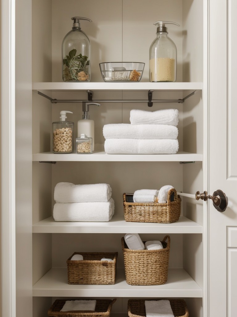 Utilize vertical space by installing floating shelves or a ladder shelf for storing towels and toiletries.