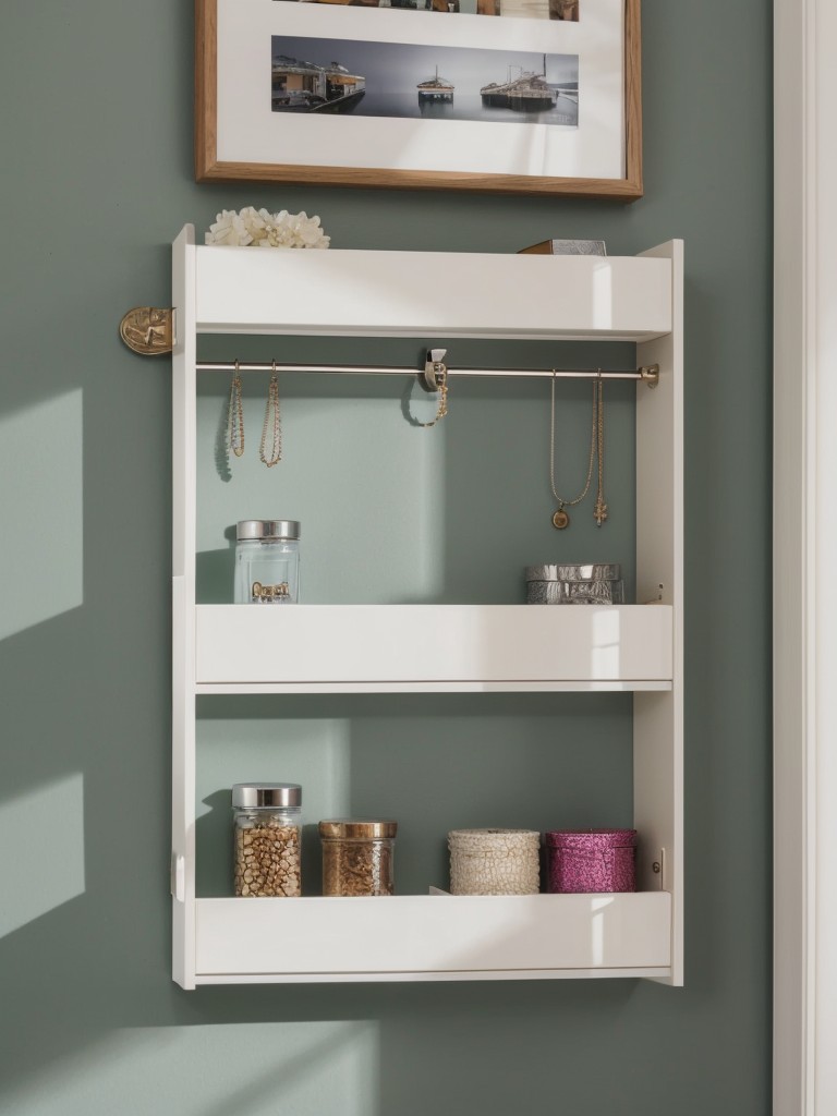 Install a wall-mounted organizer with compartments for jewelry, accessories, and smaller items.