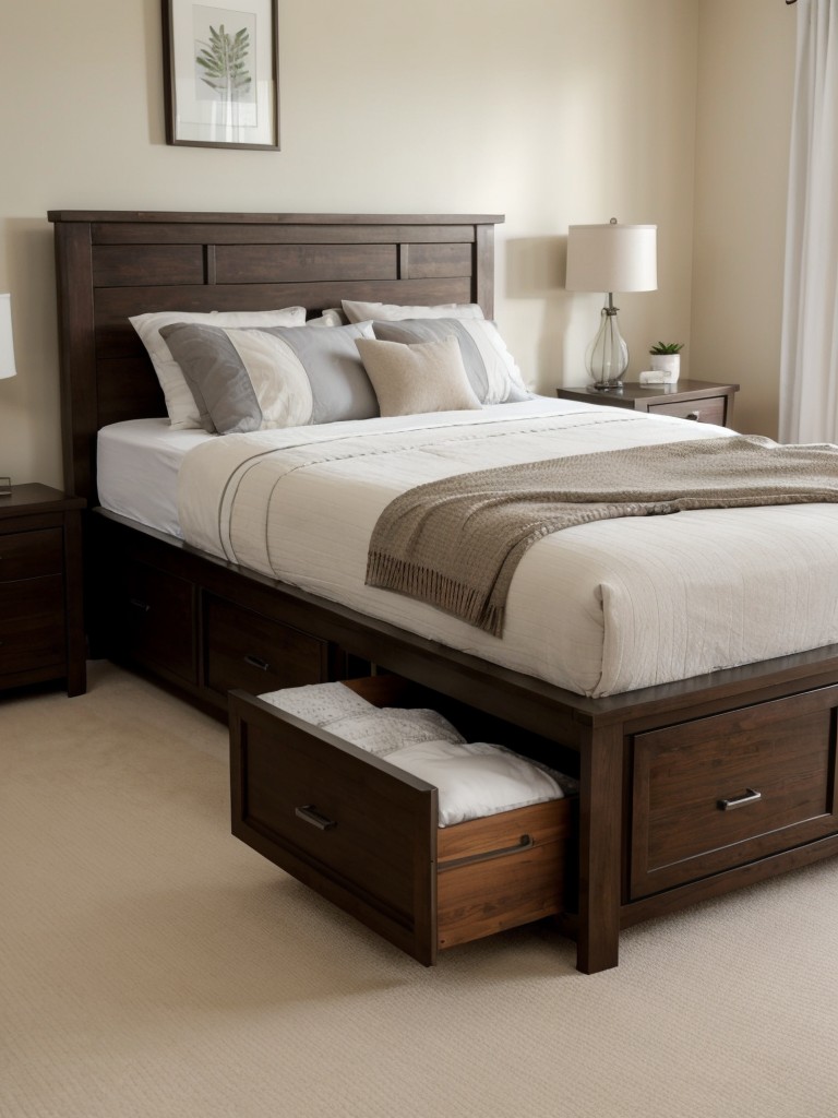 Opt for a bed frame with built-in storage drawers for clothing, bedding, or shoes.