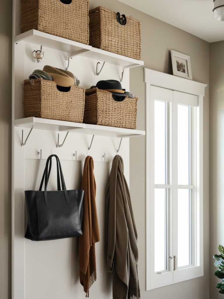 Use vertical storage solutions like wall hooks or a hanging organizer for bags, hats, or scarves.