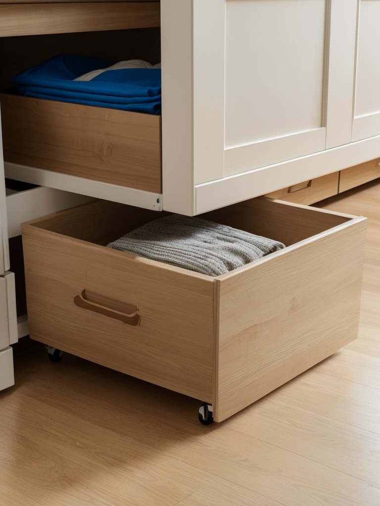 Utilize under-bed storage with rolling containers or bins to maximize space.