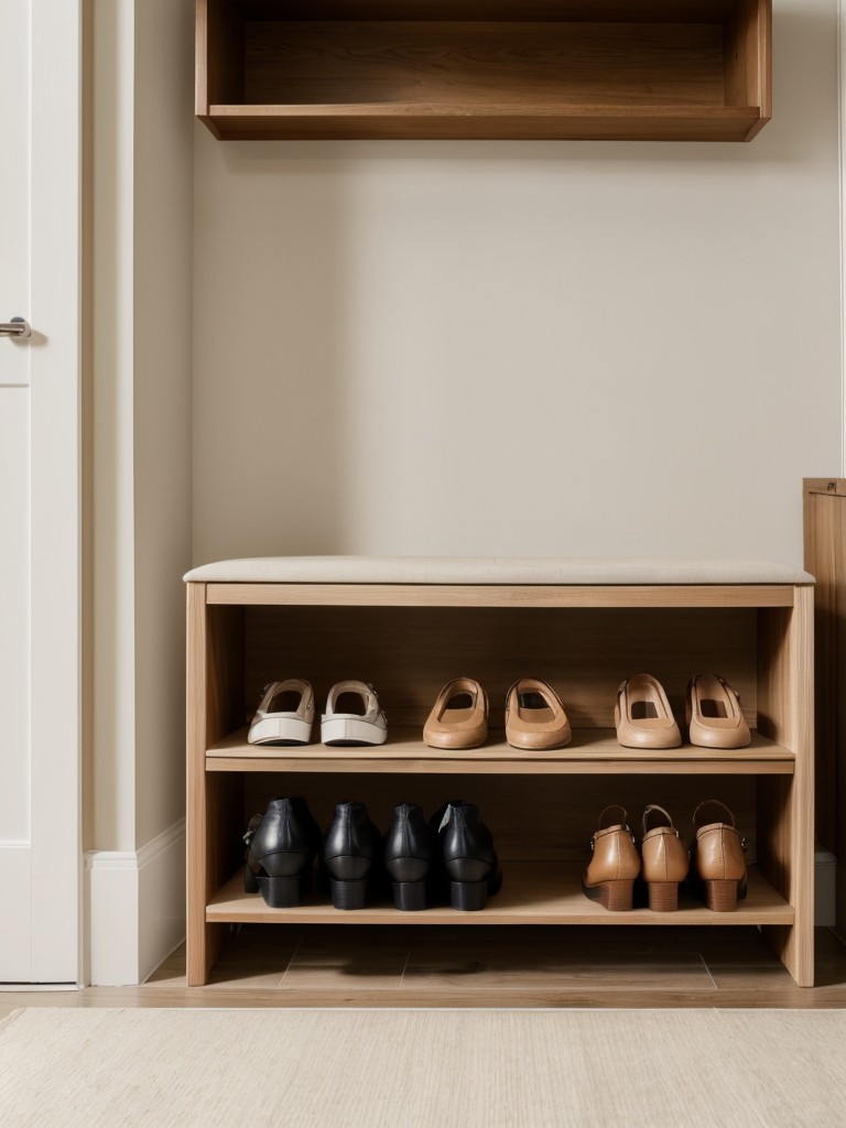 A stylish and functional shoe rack or entryway bench for keeping the apartment organized.