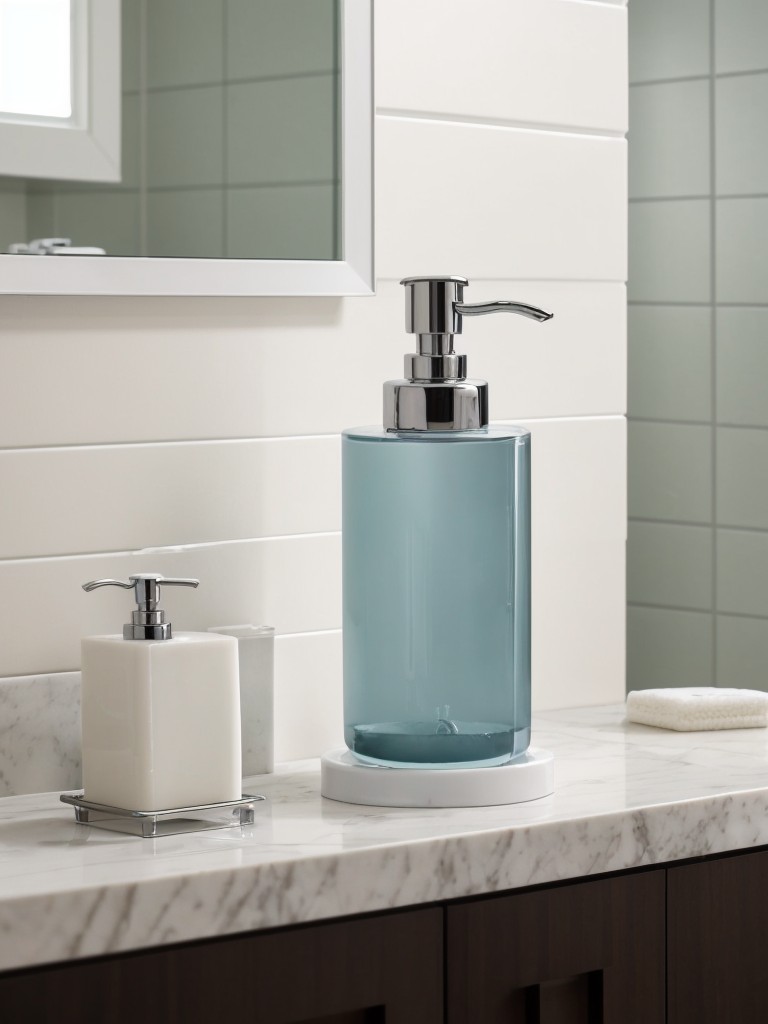 Stylish and functional bathroom accessories like a towel set, soap dispenser, and toothbrush holder.