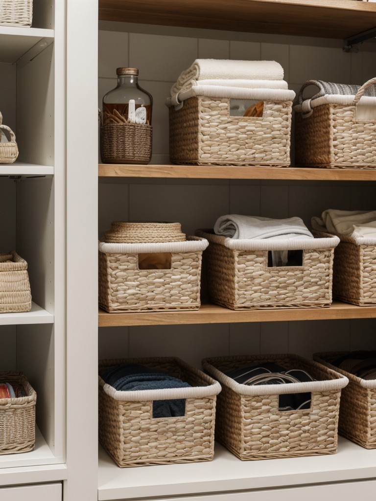 Use clear storage bins or baskets to store items like accessories, belts, and scarves.