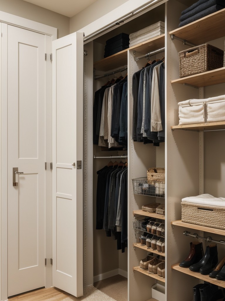 Install a tension rod and curtains to create a hidden storage area within the closet.