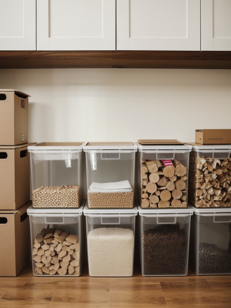 Use clear storage bins or boxes to easily identify the contents inside.