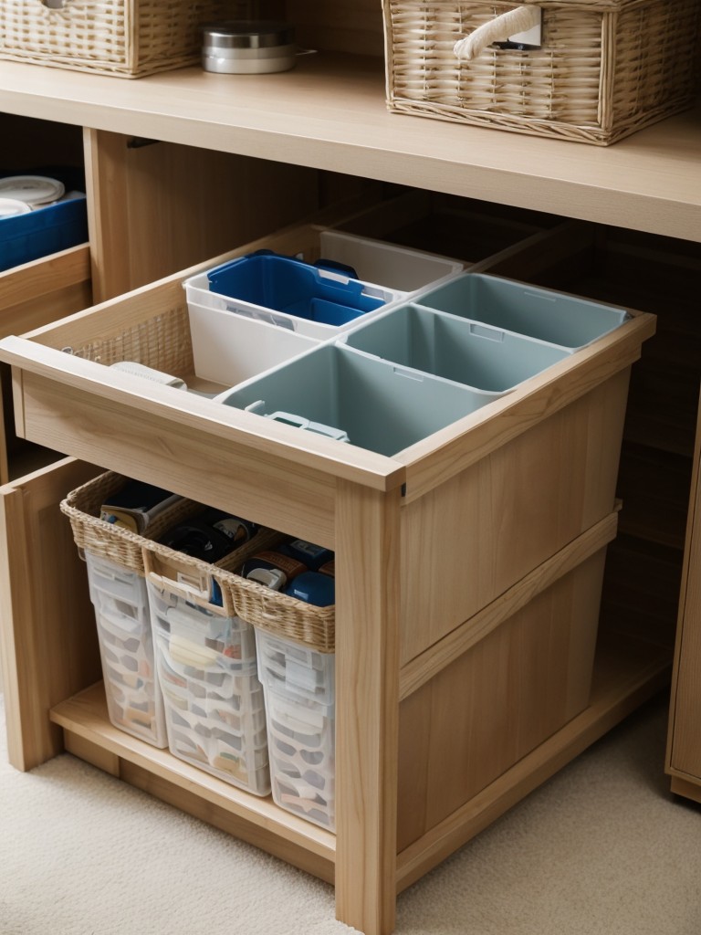 Utilize storage bins or baskets to keep items organized and easily accessible.