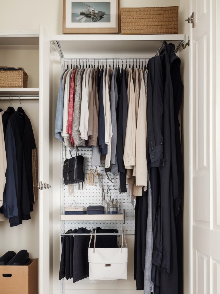 Consider using a pegboard in your closet or bedroom wall to hang clothing items, creating a functional and visually appealing storage solution.