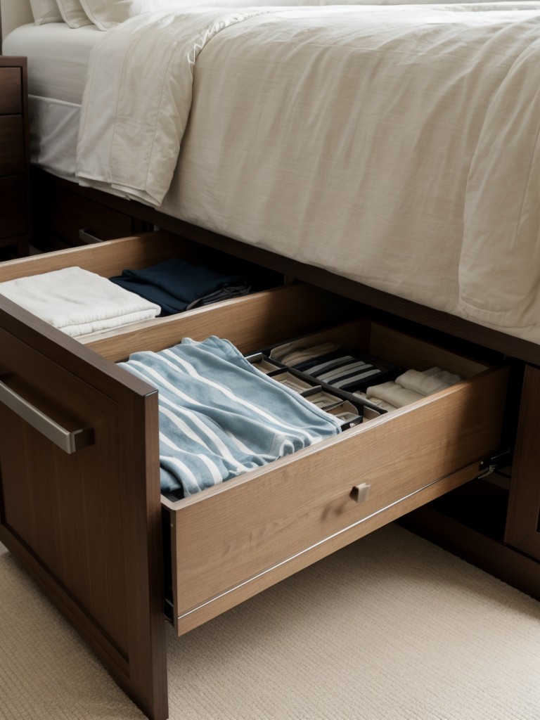 Consider utilizing the space under your bed by using storage containers or sliding drawers specifically designed for storing clothes.