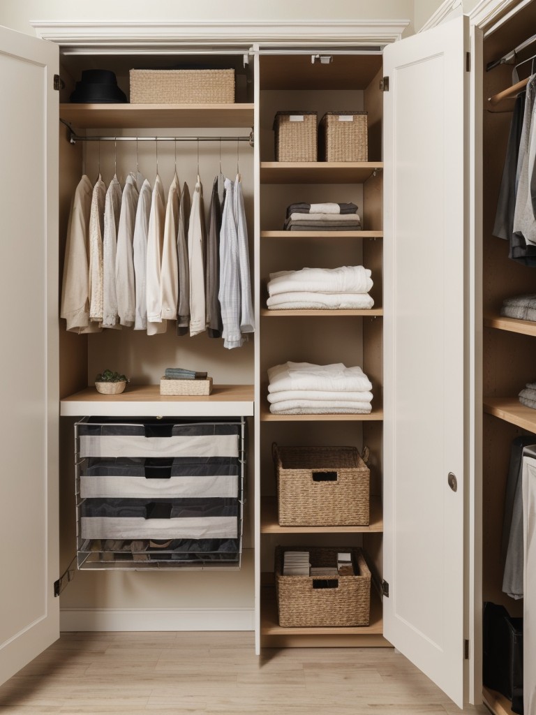 Utilize the space above your closet by installing a shelf or small cabinet to store rarely used clothing items or seasonal accessories.