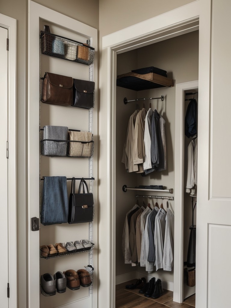 Utilize the space behind your bedroom door by installing a hanging organizer with multiple pockets for shoes or small clothing items.