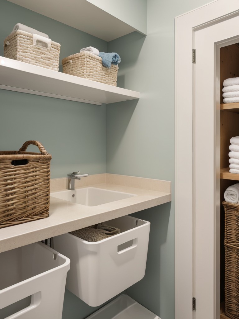 Utilize the space under your bathroom sink to store folded clothing items or use small bins or baskets to keep clothing organized.
