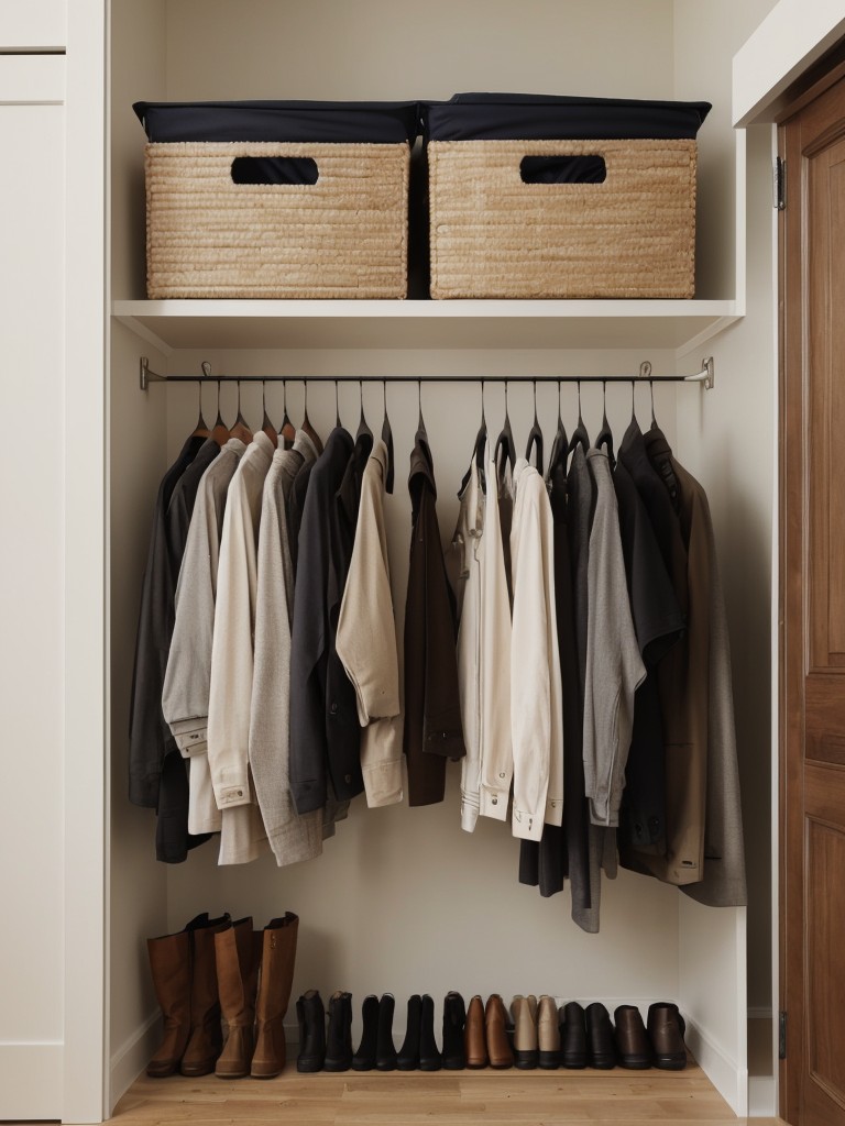 Utilize vertical space by installing a wall-mounted clothing rack or a hanging organizer to maximize storage.
