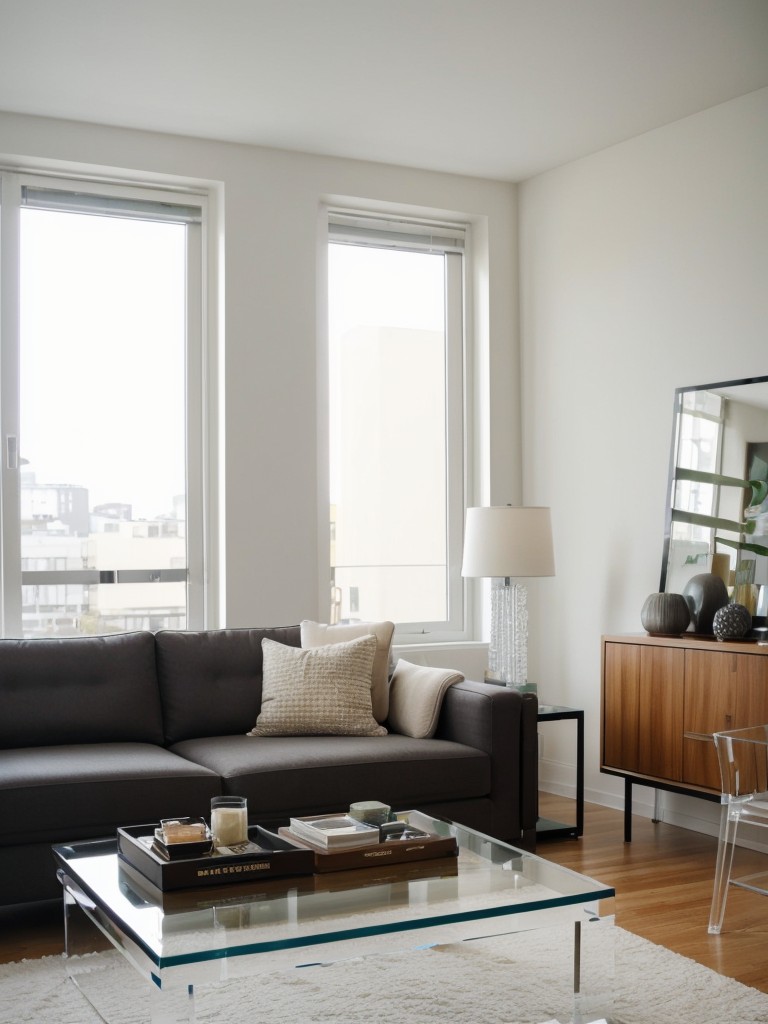 Acrylic or Lucite coffee table ideas to add a contemporary touch while maintaining a sense of openness in a small apartment.