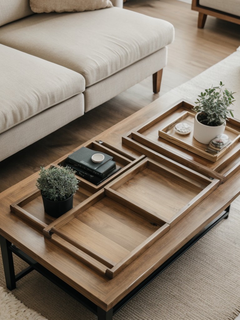 Coffee table options with pull-out trays or extra seating for hosting small gatherings in a limited space.