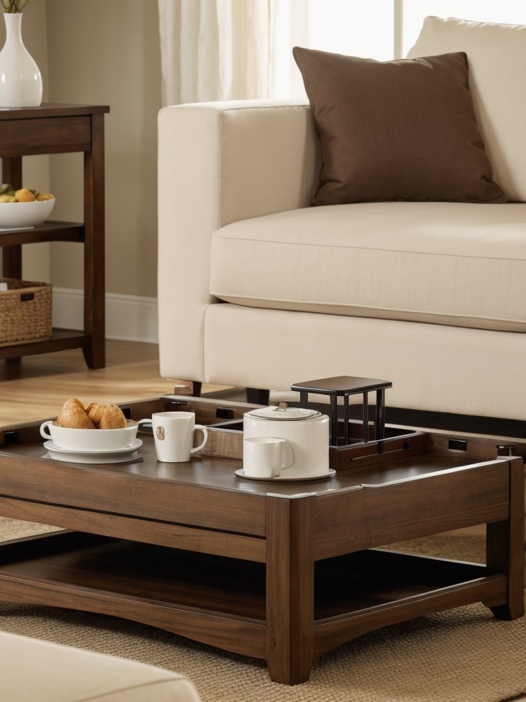 Coffee table options with removable tray tops for additional surface area and convenient serving during social gatherings.