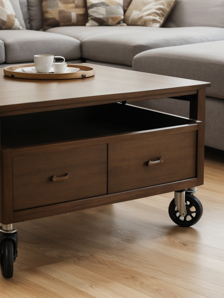 Compact coffee table designs with wheels or casters for easy mobility and flexibility in rearranging the space.