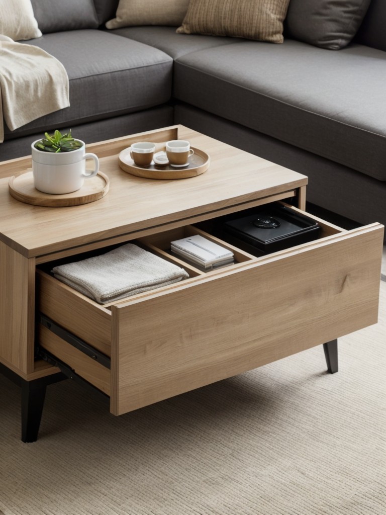 Functional coffee table ideas for small apartments with built-in storage compartments and hidden drawers.