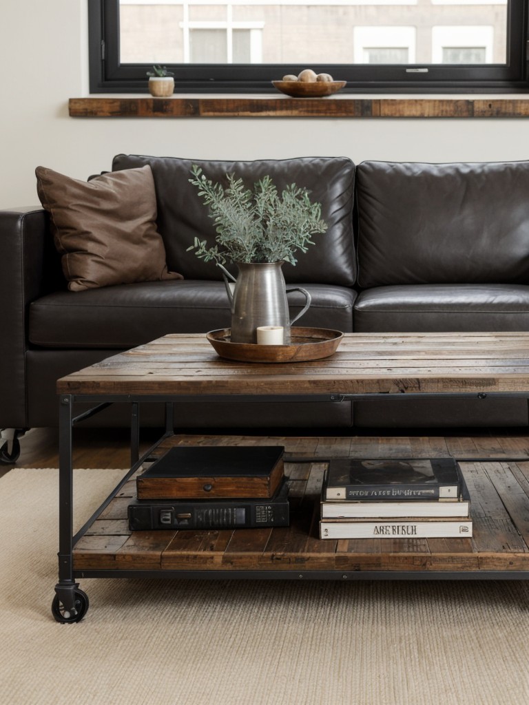 Industrial-style coffee table ideas with metal and reclaimed wood materials to add an urban and edgy aesthetic to an apartment.