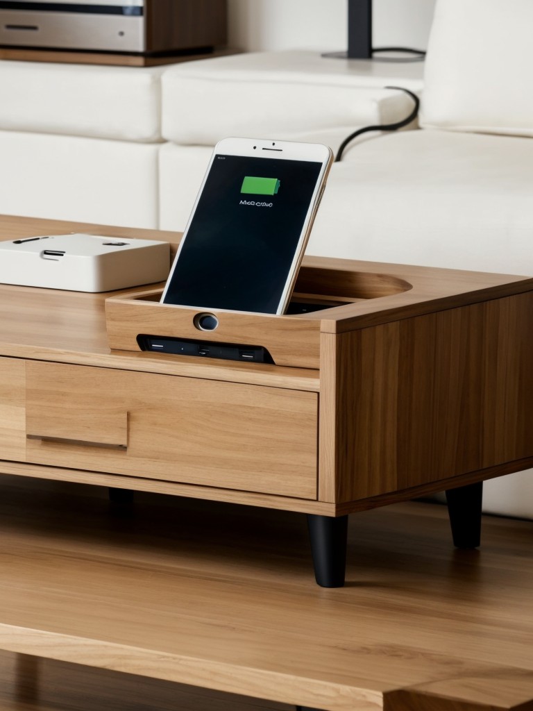 Innovative coffee table ideas with built-in charging stations and USB ports for convenient device charging.