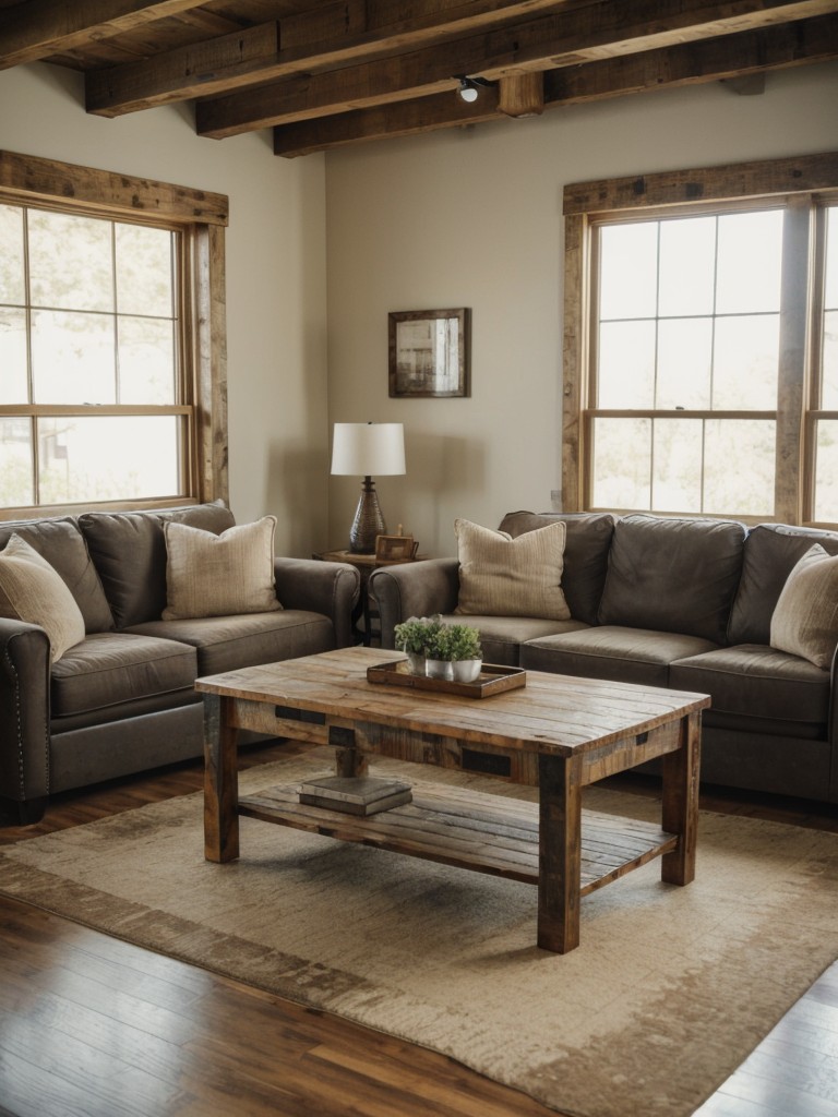 Rustic coffee table ideas with distressed wood finishes and vintage touches to add warmth and character to a small apartment.