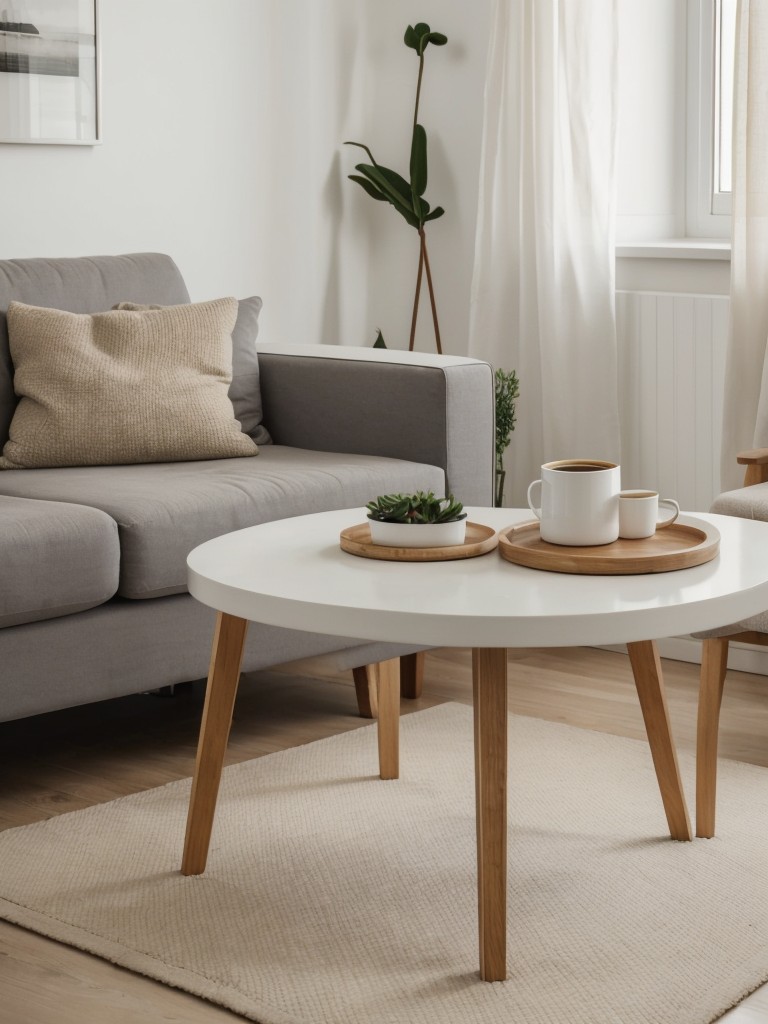 Scandinavian-inspired coffee table designs with light-colored wood and clean lines for a modern yet cozy atmosphere in a small apartment.