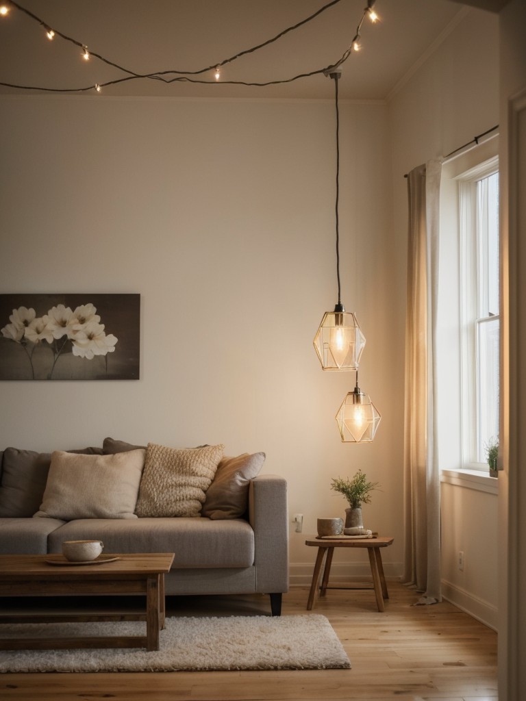 Create a cozy atmosphere with soft lighting, such as string lights or pendant lamps.