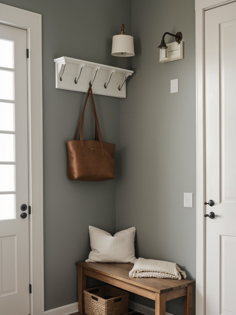 Create an inviting entryway with a small bench, hooks for coats, and a stylish umbrella stand.