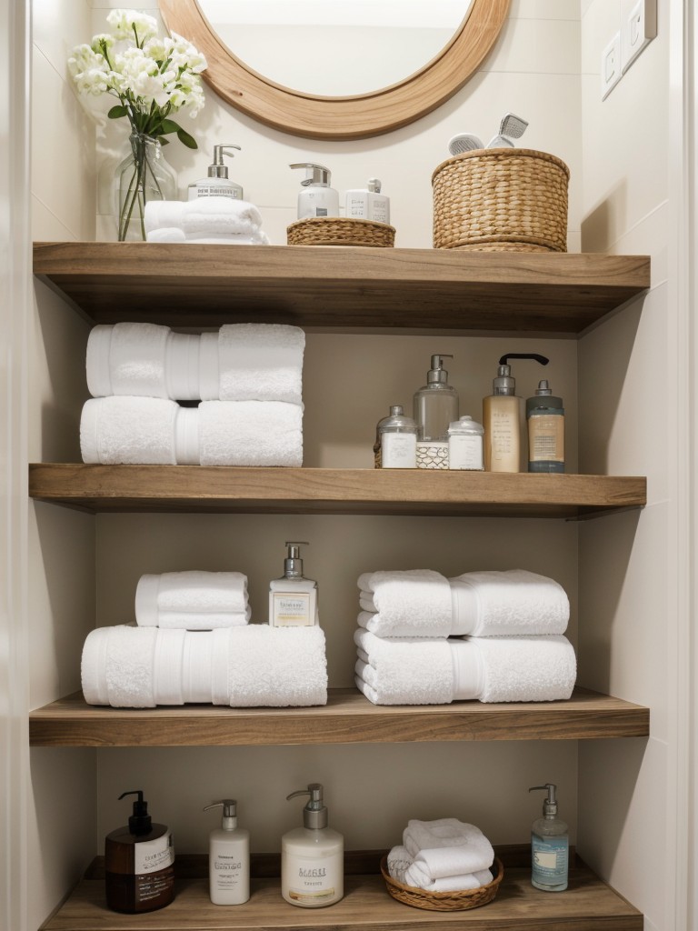 Install open shelving in your bathroom to display towels and toiletries while saving space.