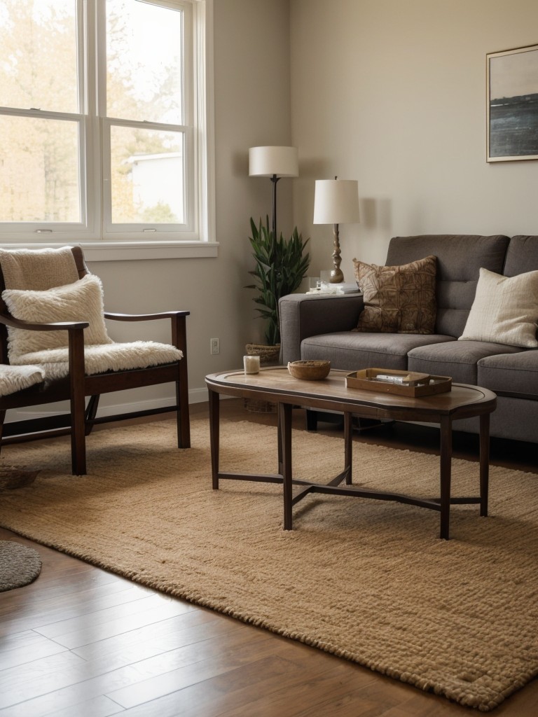 Use rugs to delineate seating areas and add warmth and texture to your apartment.