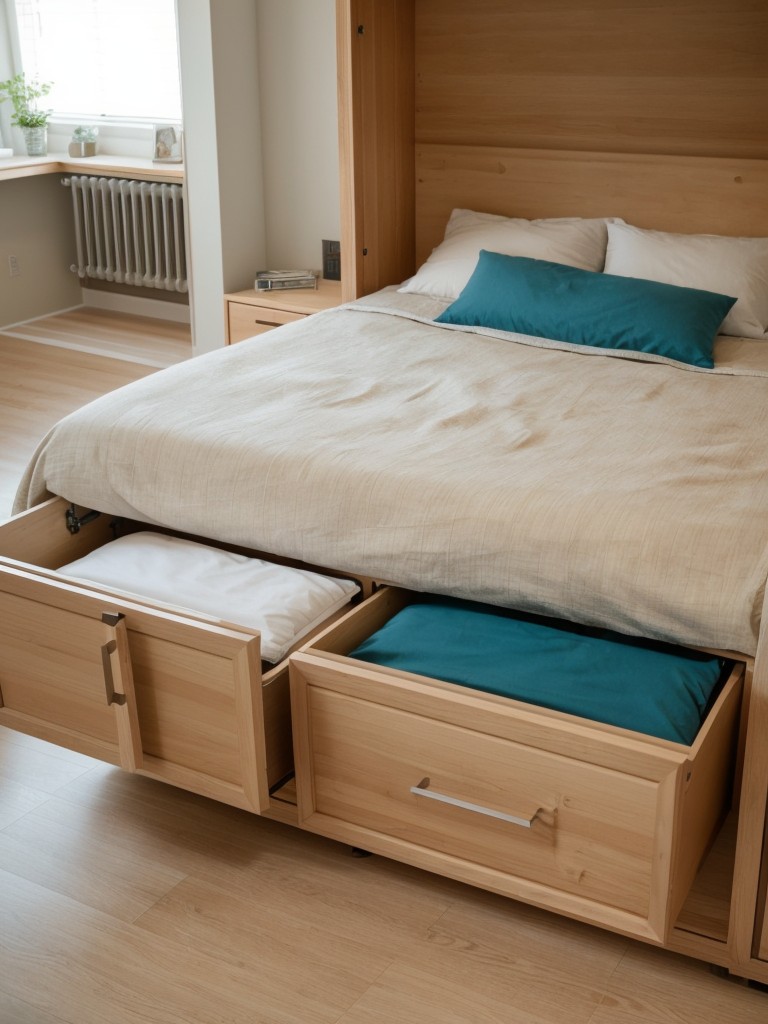 Utilize the space under your bed by using storage containers or installing built-in drawers.