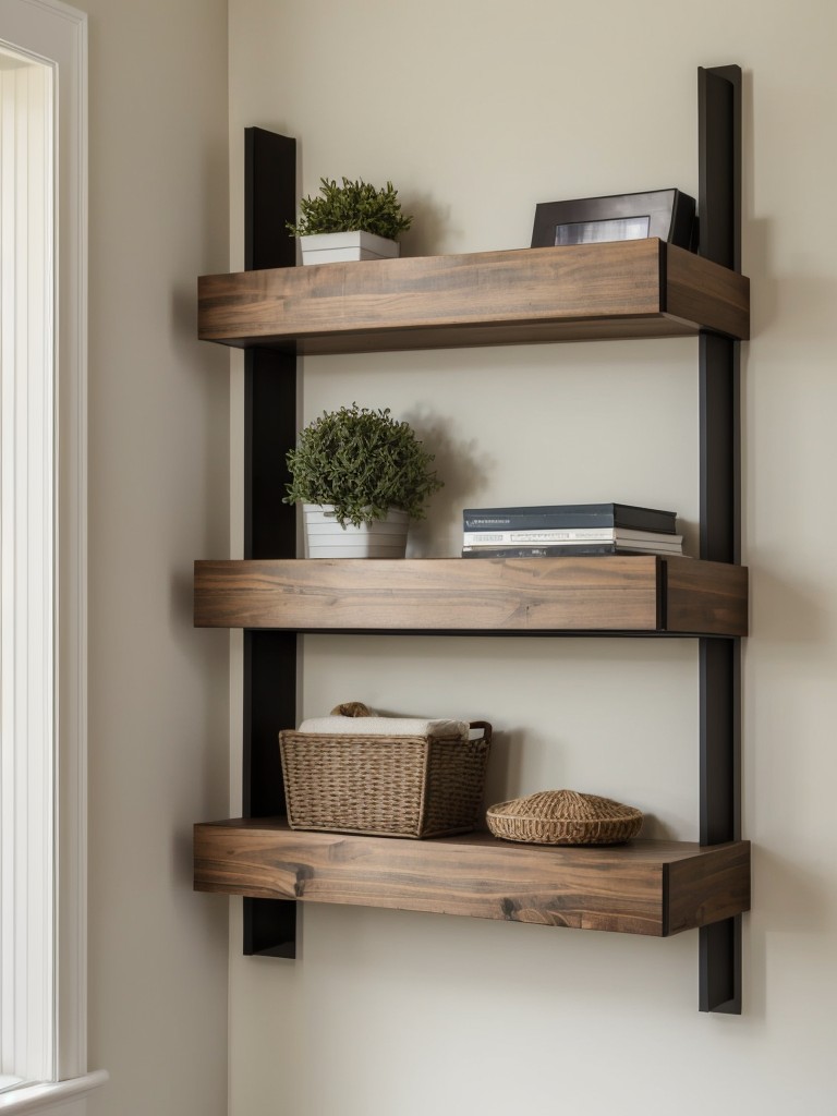 Utilize vertical space with floating shelves and wall-mounted storage solutions.