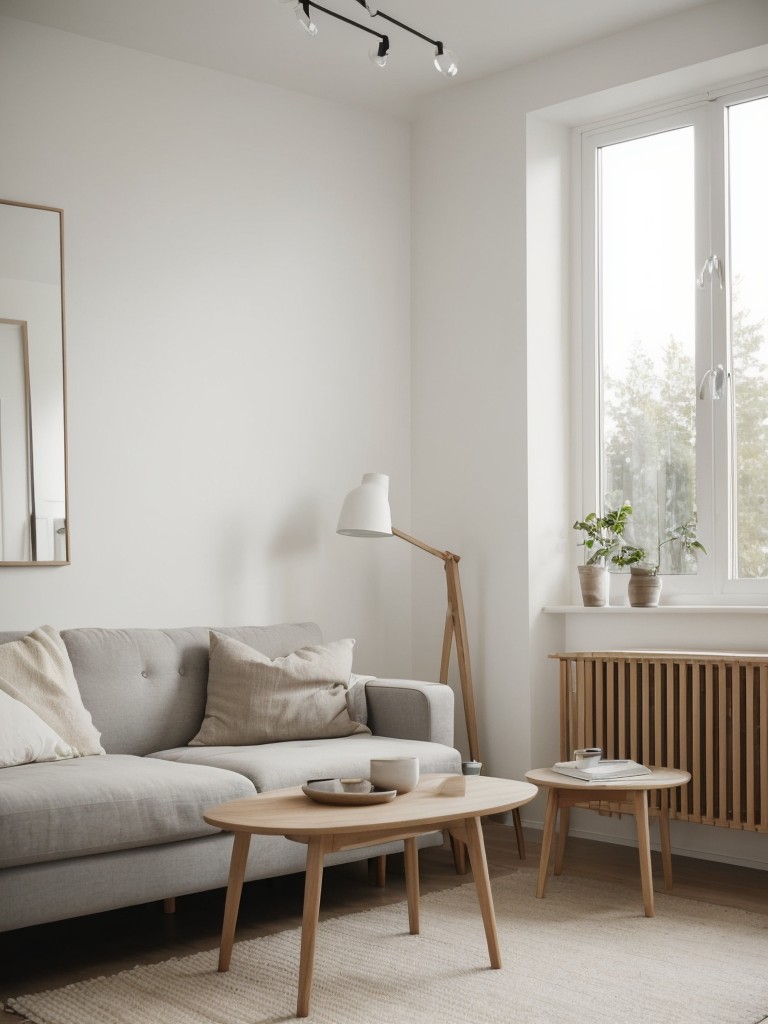 Achieve a Scandinavian-inspired design in your apartment by focusing on simplicity, natural light, and a neutral color palette, featuring light wooden furniture, clean lines, and minimalistic artwork.