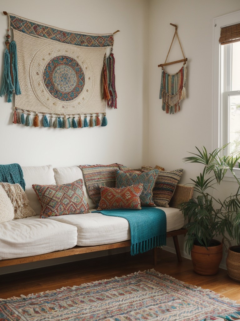 Boho-inspired small apartment decor with a mix of vibrant colors and patterns, incorporating tapestries, floor cushions, and macrame wall hangings.