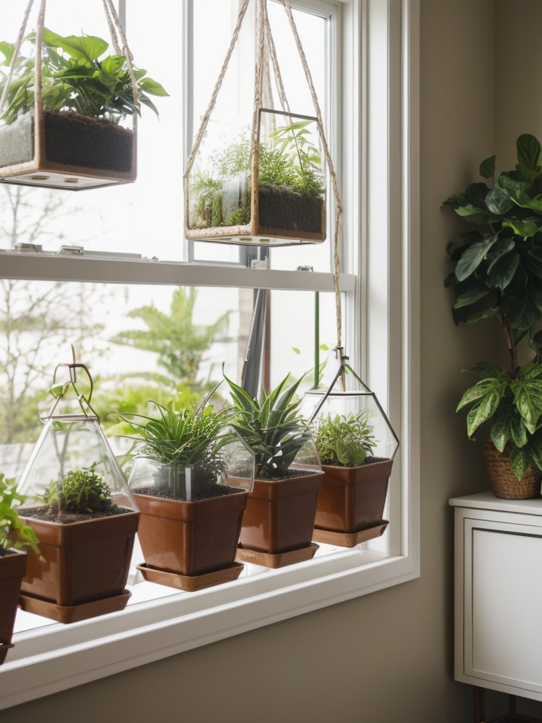 Bring the outdoors in with apartment decor that features a variety of lush plants, hanging planters, and terrariums to create a fresh and natural vibe.