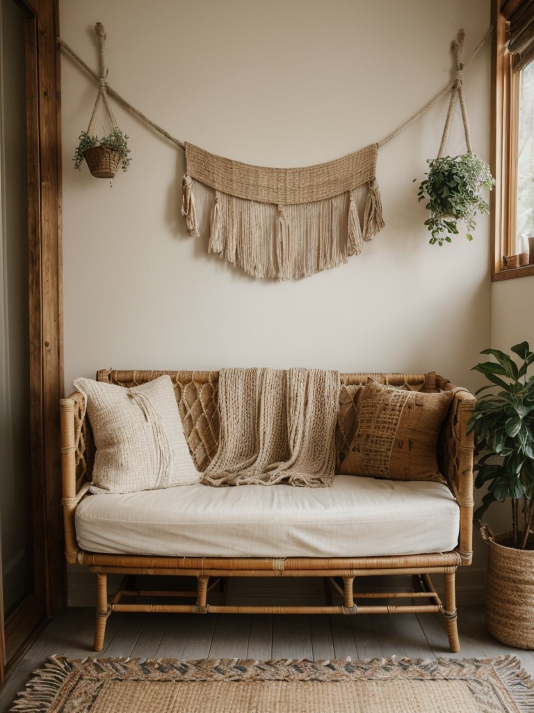 Create a cozy bohemian atmosphere in your small apartment by using natural materials like rattan, jute, and distressed wood, along with layers of textiles and global-inspired accessories.