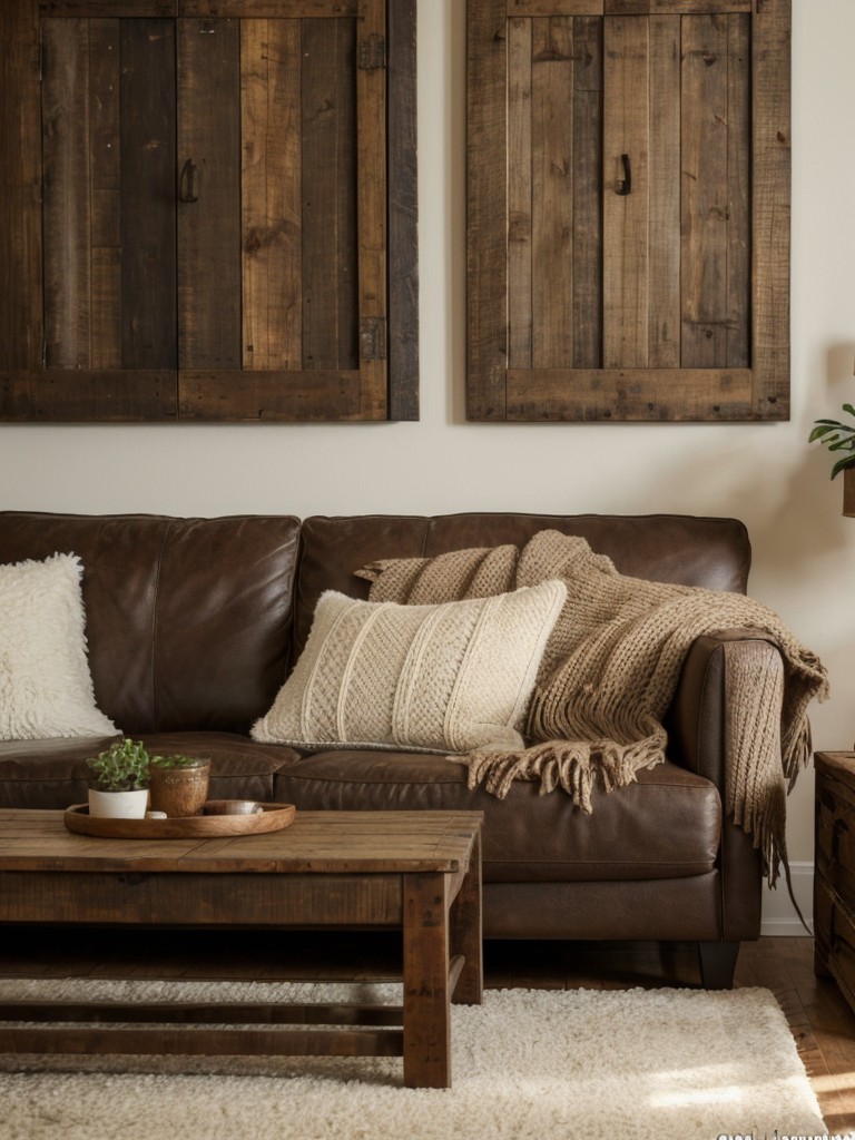 Create a warm and inviting ambiance in your apartment with rustic decor elements like distressed wood furniture, cozy textiles, such as faux fur rugs and chunky knit blankets, and earthy color tones.